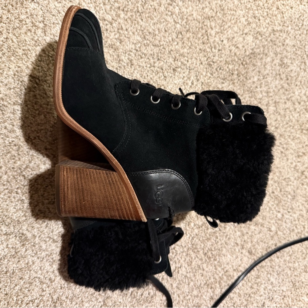 UGG Black Suede Lace-Up Shearling Cuff Block Heel Ankle Boots